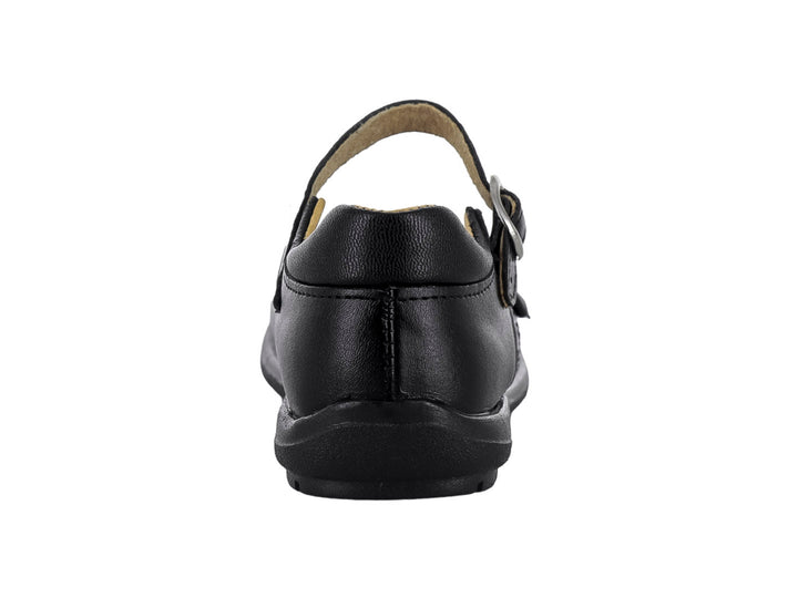 Zapato escolar negro para niña con moño decorativo y correa con hebilla.