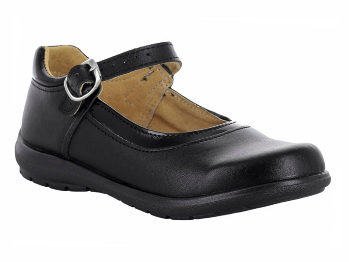 Zapato escolar negro para niña con correa y hebilla plateada, estilo clásico Mary Jane.
