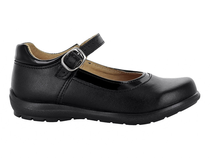 Zapato escolar negro para niña con correa y hebilla plateada.