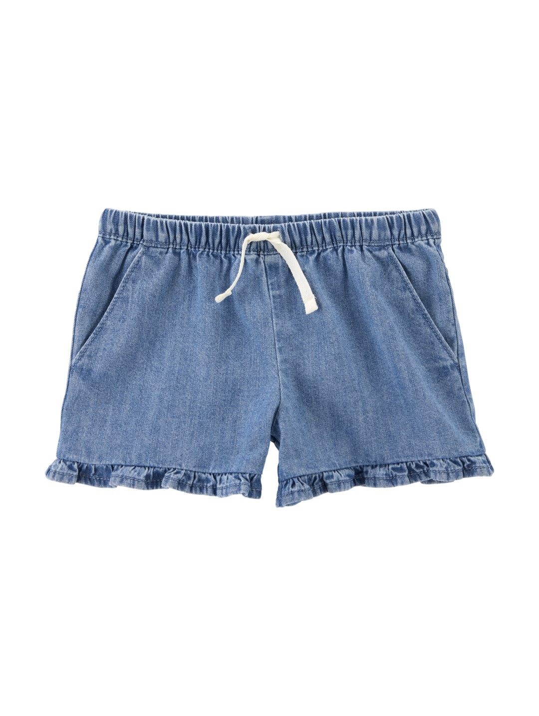 Shorts de mezclilla azul para niña con cintura elástica y detalle de volantes en el borde inferior.