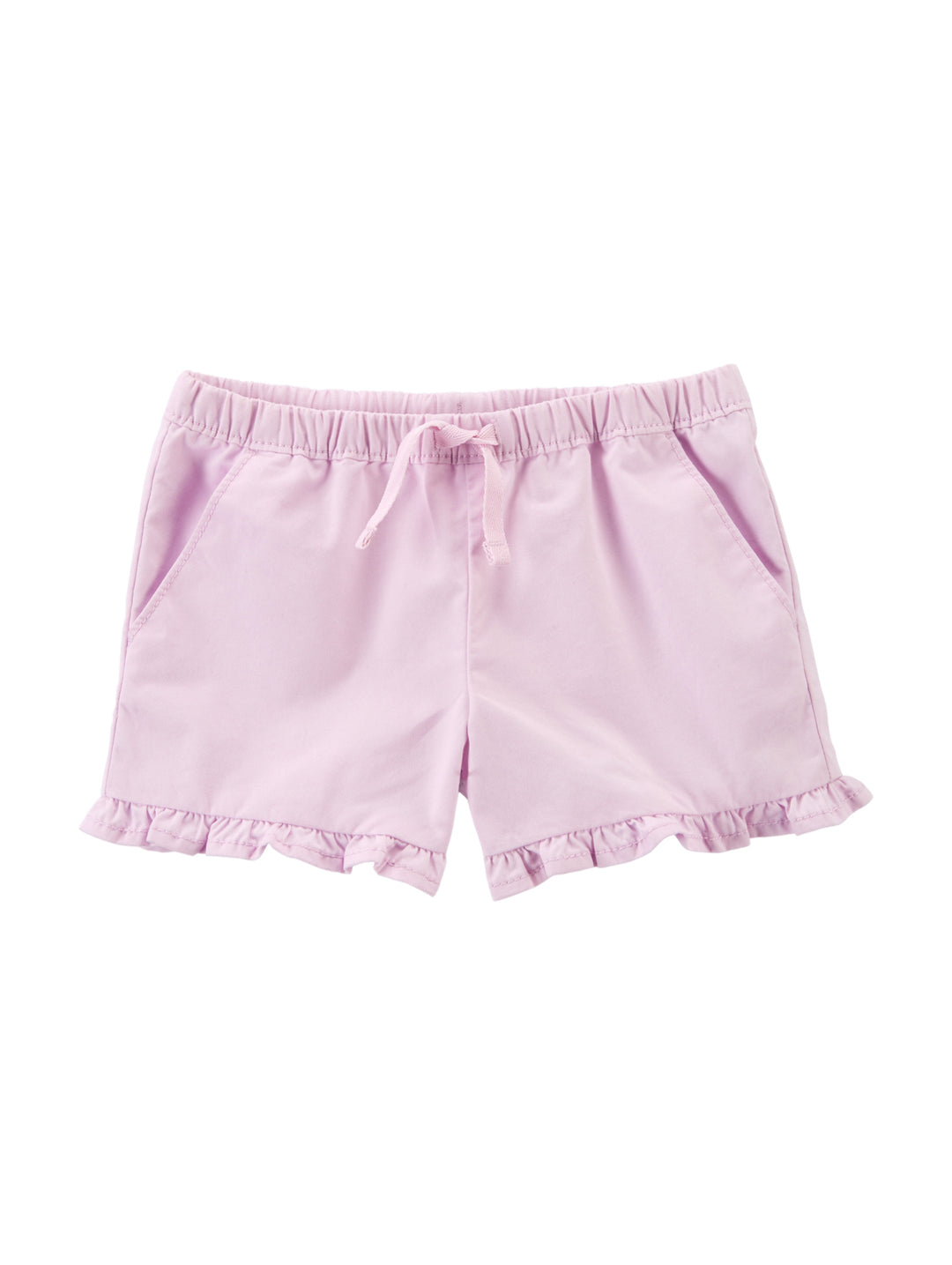 Shorts color lila para bebé o niña con cintura elástica, cordón y detalles de volantes en el borde inferior.