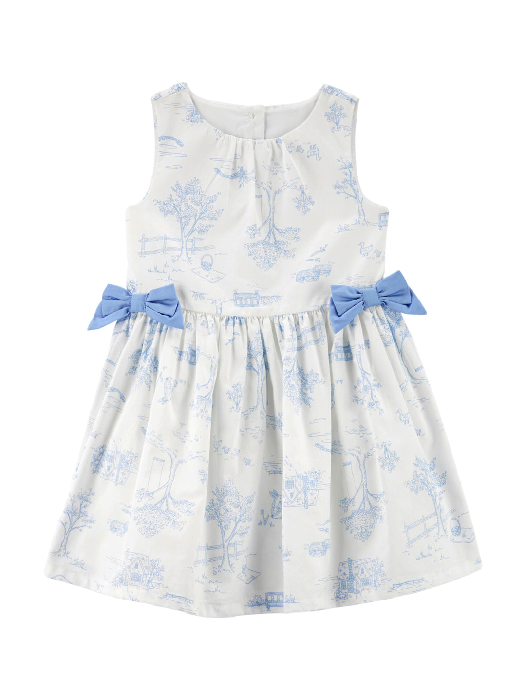 Vestido blanco para niña con estampado azul y moños azules en la cintura.