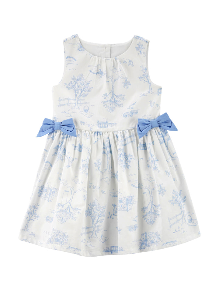 Vestido blanco para niña con estampado azul y moños azules en la cintura.