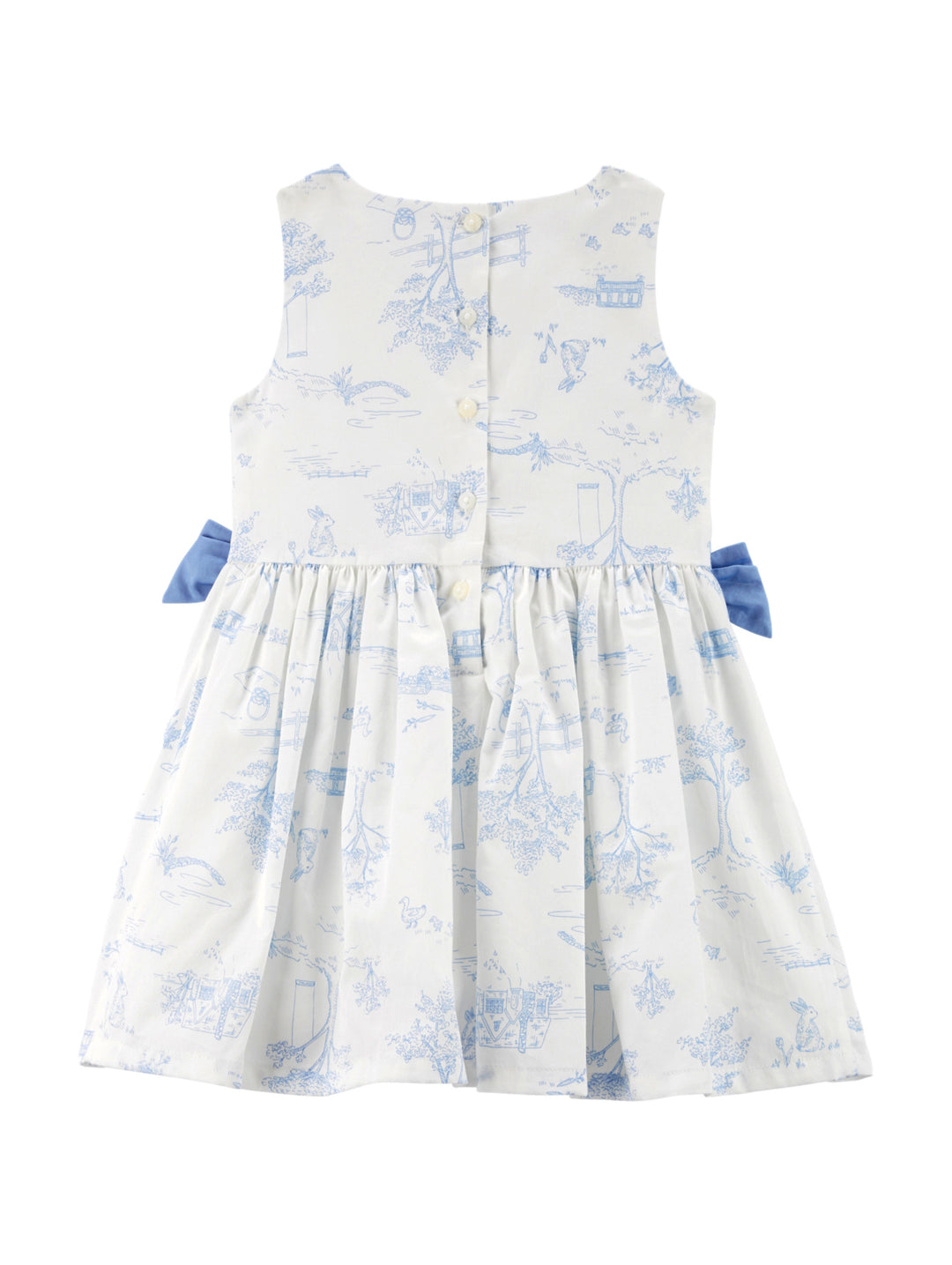 Vestido blanco para niña con estampado azul y moños azules en la cintura.