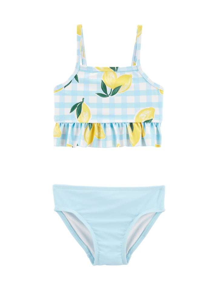 Traje de baño de dos piezas para niña en color azul claro con estampado de limones y cuadros blancos.