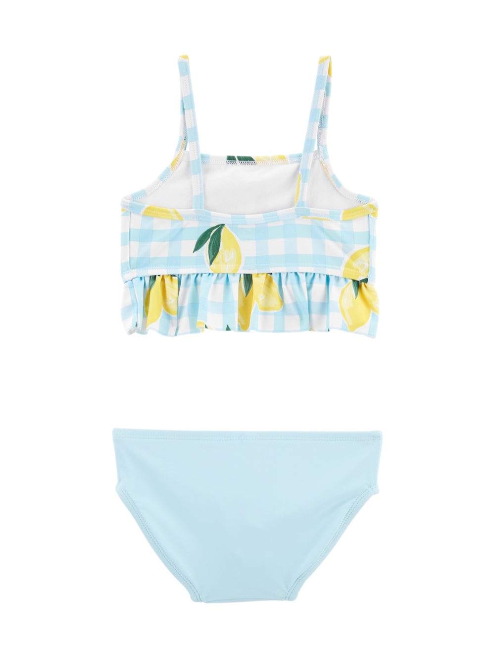 Traje de baño de dos piezas para niña en color azul claro con estampado de limones y cuadros blancos.