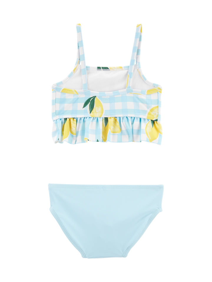 Traje de baño de dos piezas para niña en color azul claro con estampado de limones y cuadros blancos.