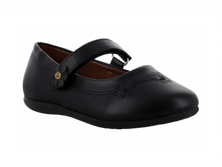 Zapato negro para niña estilo Mary Jane con detalle de flor y correa ajustable.