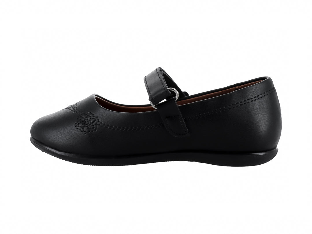 Zapato negro para niña estilo Mary Jane con detalle de flor y correa ajustable.