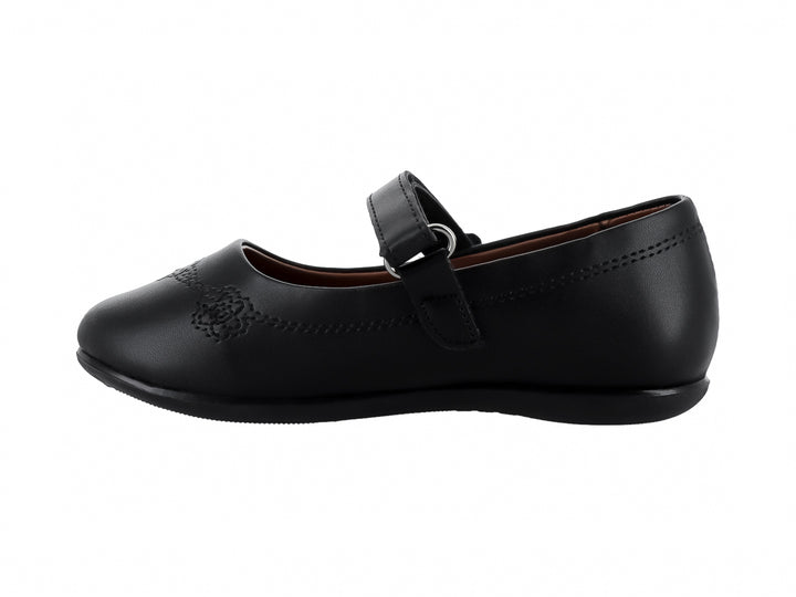 Zapato negro para niña estilo Mary Jane con detalle de flor y correa ajustable.