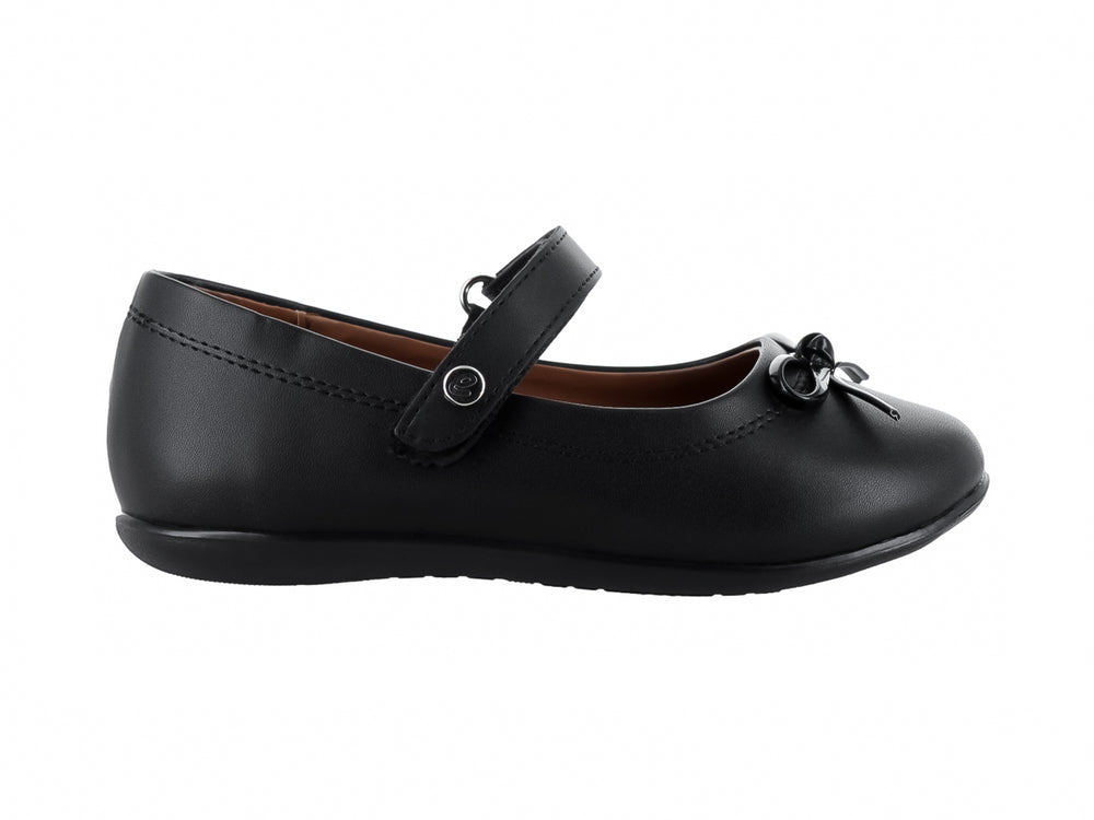 Zapato infantil negro tipo Mary Jane con moño decorativo y correa ajustable.
