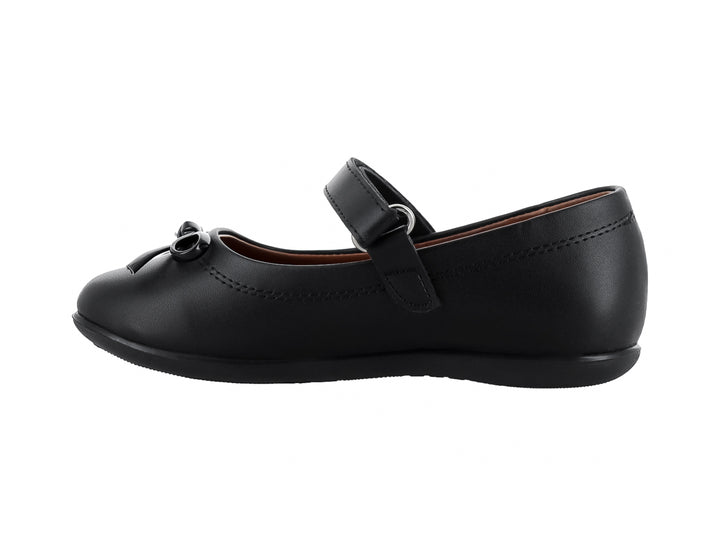 Zapato infantil negro tipo Mary Jane con moño decorativo y correa ajustable.