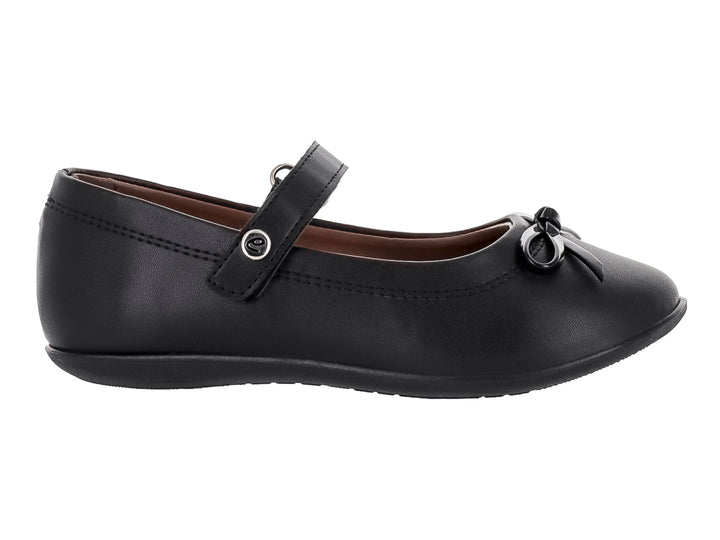 Zapato negro para niña estilo Mary Jane con correa y moño decorativo en la punta.