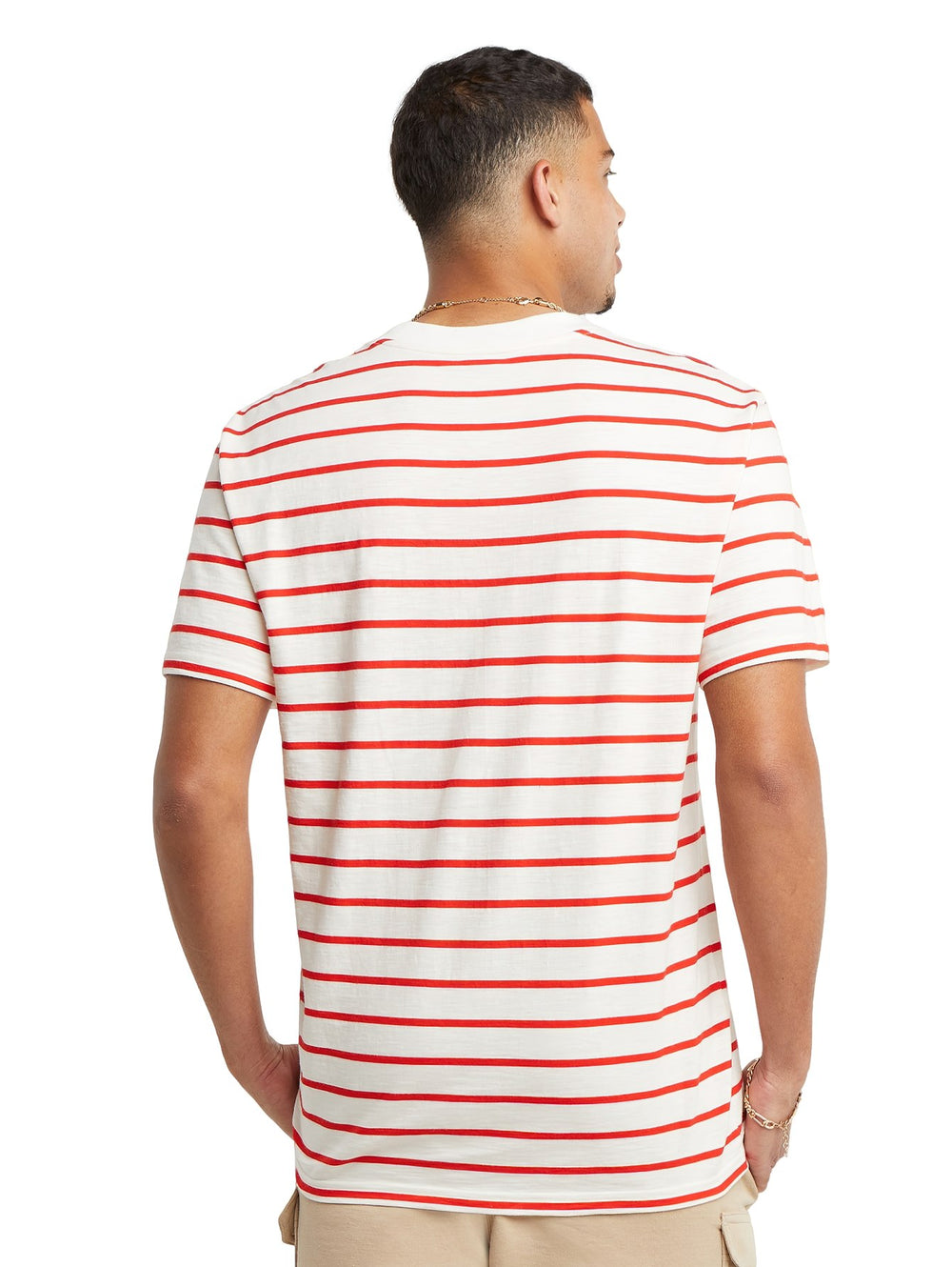 Camiseta Champion de manga corta con rayas horizontales en color blanco y rojo.