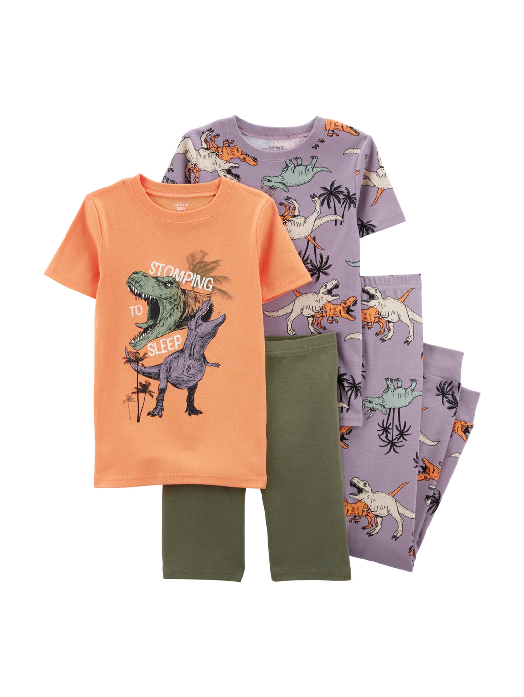 Conjunto de dos pijamas para niño con motivos de dinosaurios en colores naranja, lila y verde.