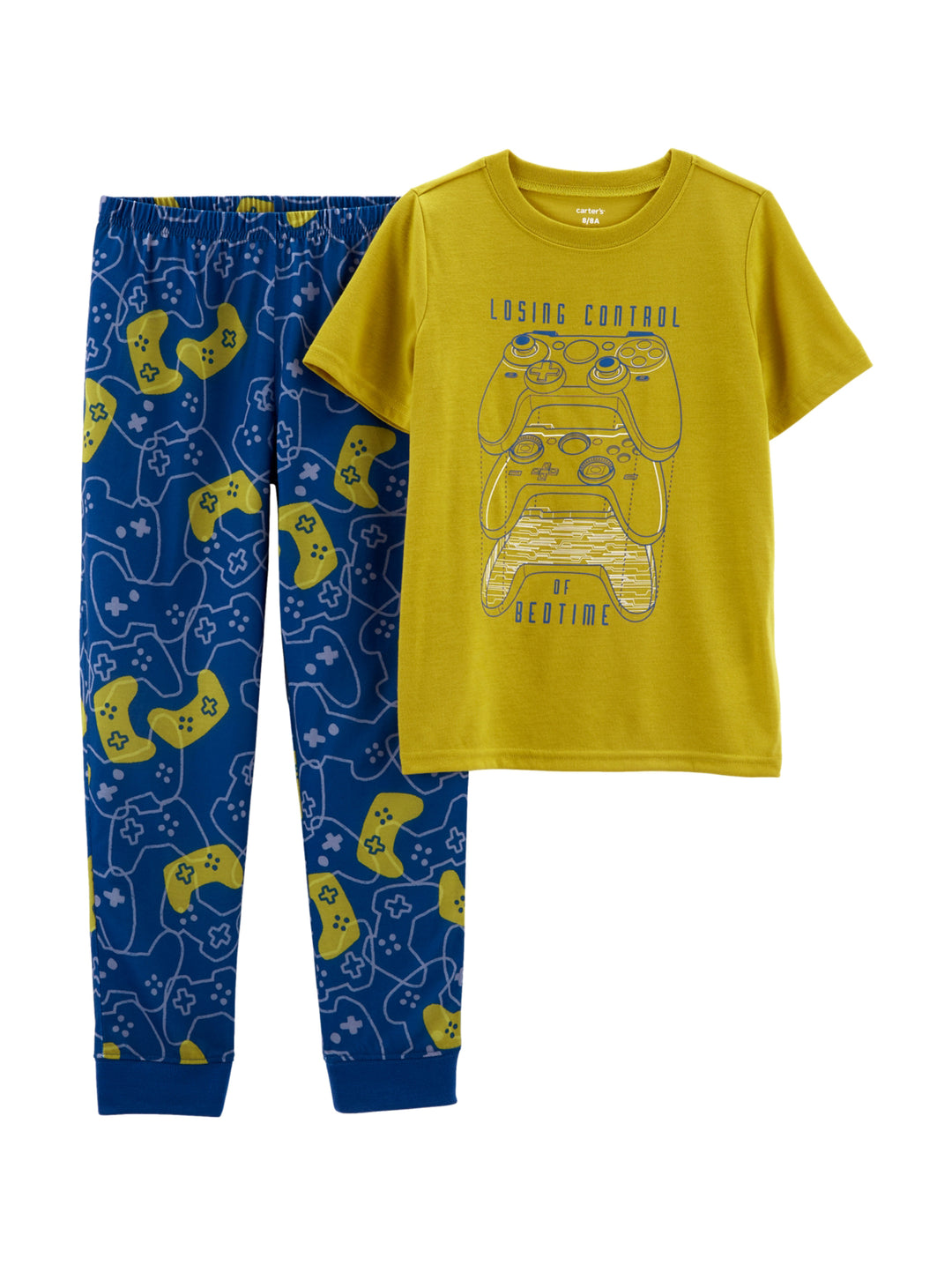 Pijama para niño de dos piezas con camiseta mostaza y pantalón azul con estampado de controles de videojuegos.