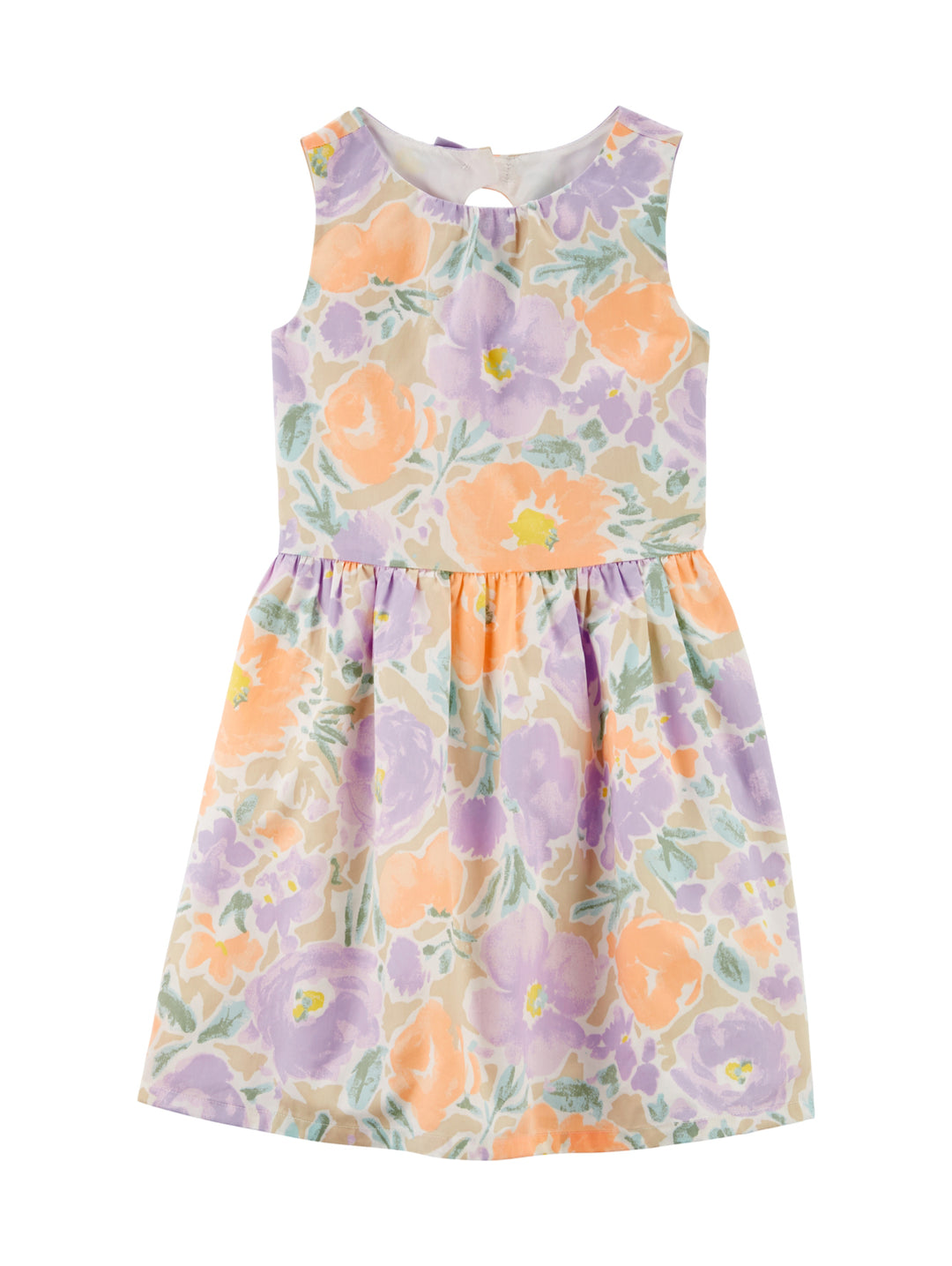 Vestido infantil sin mangas con estampado floral en tonos lila y naranja.