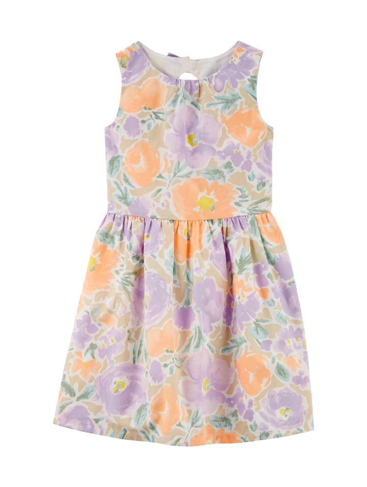 Vestido infantil sin mangas con estampado floral en tonos lila y naranja.