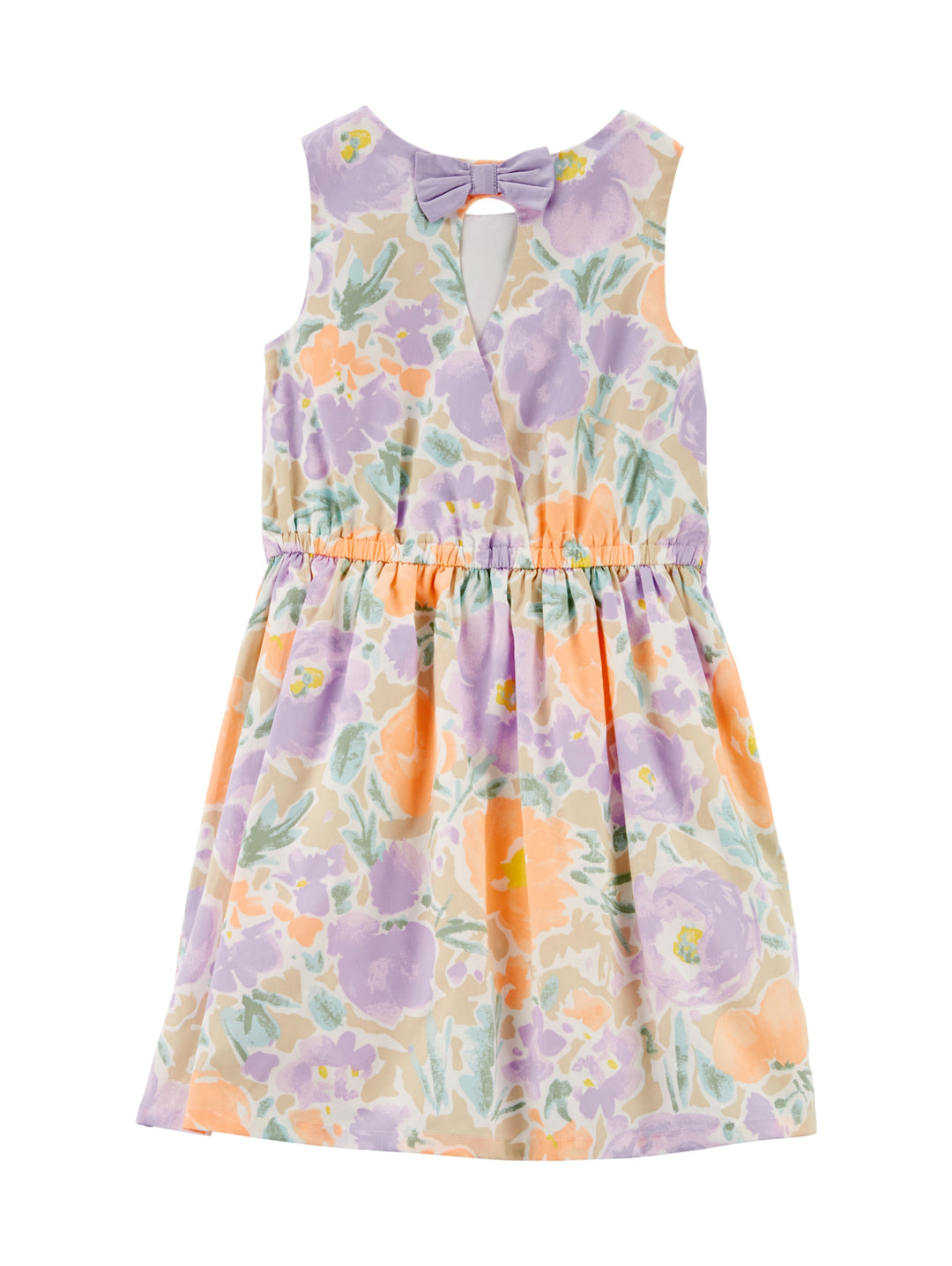 Vestido infantil sin mangas con estampado floral en tonos lila y naranja.