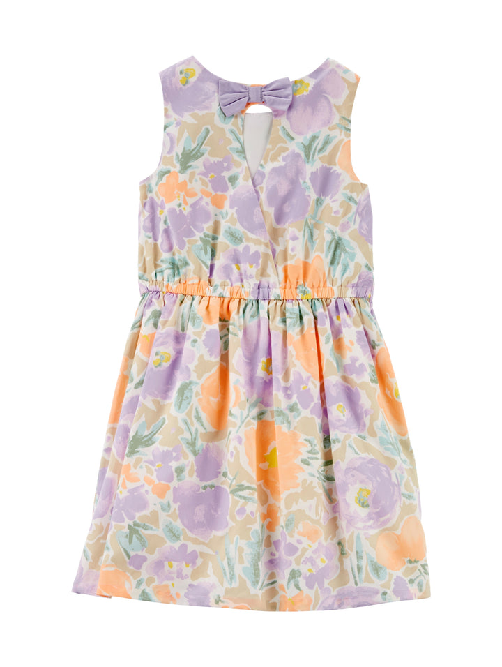 Vestido infantil sin mangas con estampado floral en tonos lila y naranja.