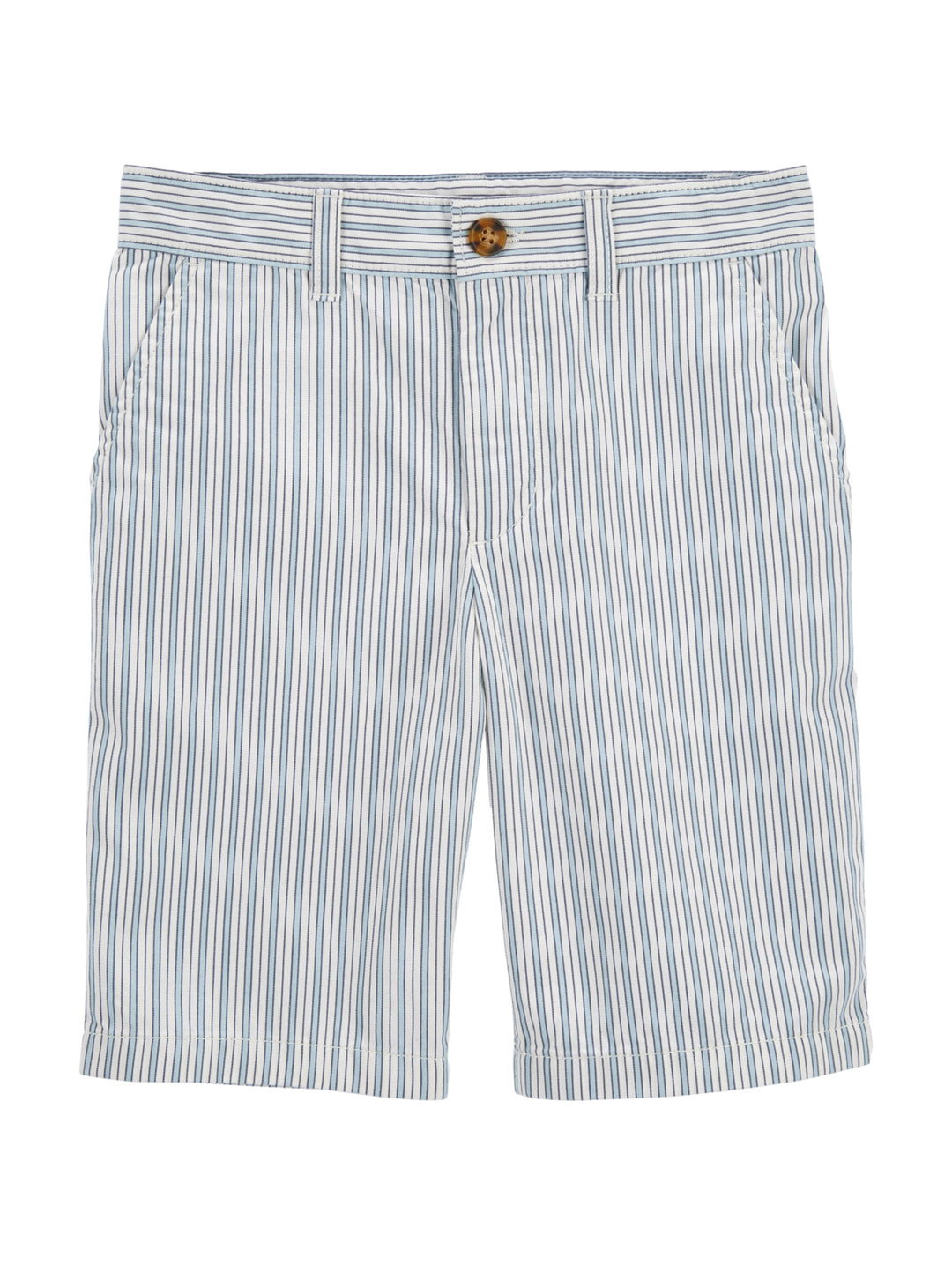 Shorts infantiles con rayas verticales blancas y verde menta, cierre con botón.