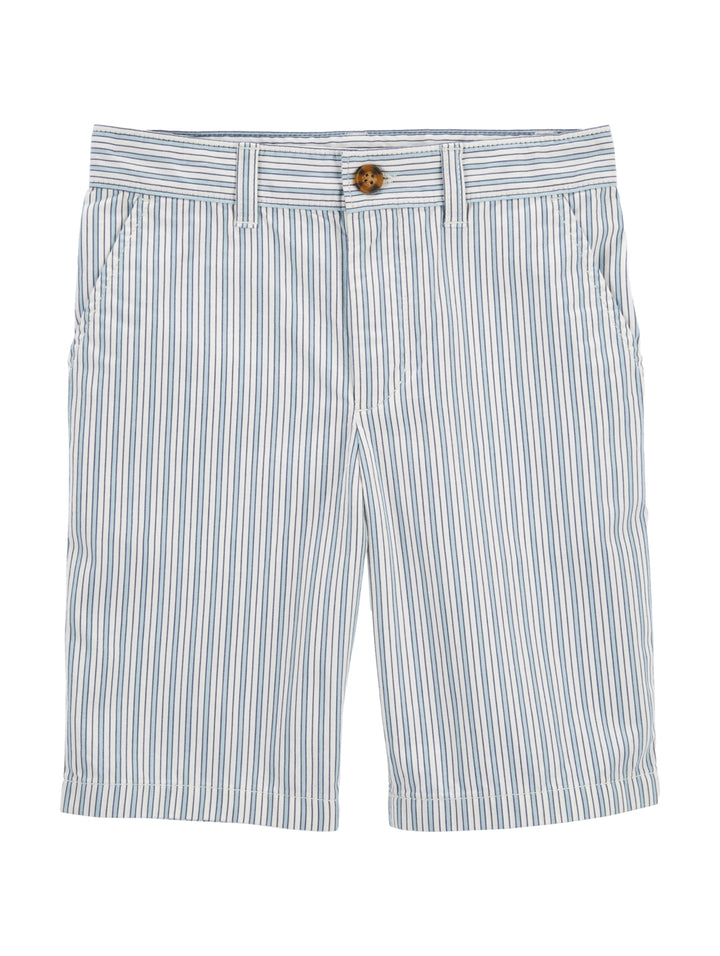 Shorts infantiles con rayas verticales blancas y verde menta, cierre con botón.