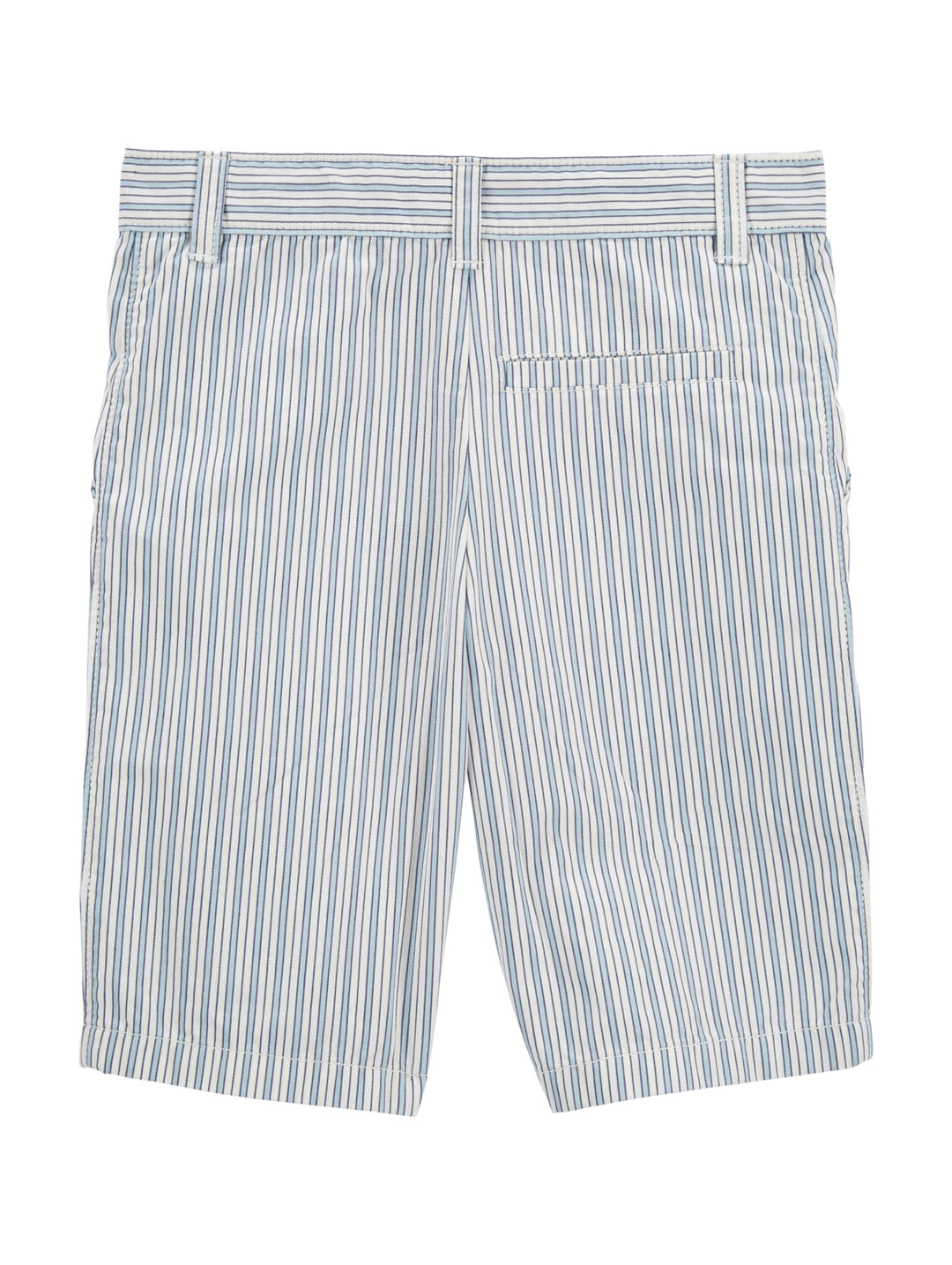 Shorts infantiles con rayas verticales blancas y verde menta, cierre con botón.
