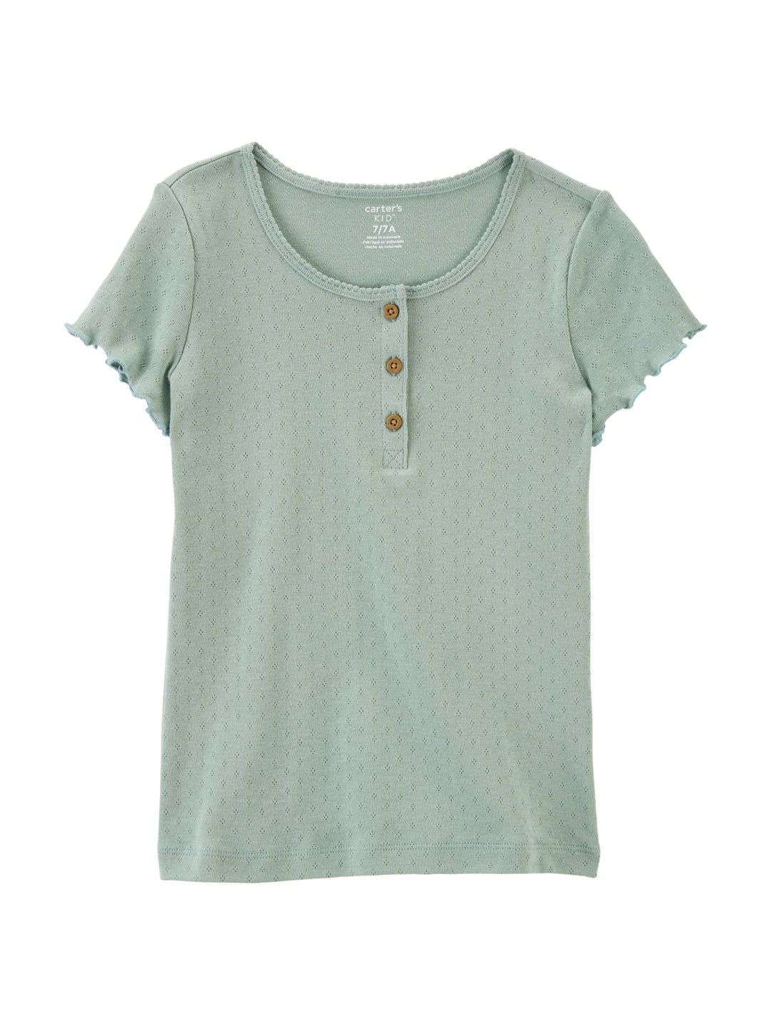 Playera infantil color verde claro con botones frontales y mangas con volantes.