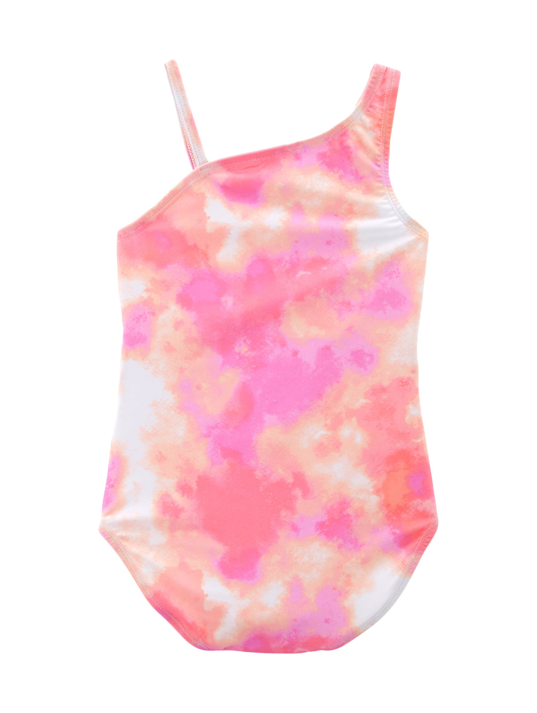 Parte superior de traje de baño para niña con diseño de un solo hombro y estampado multicolor en tonos rosa y naranja.
