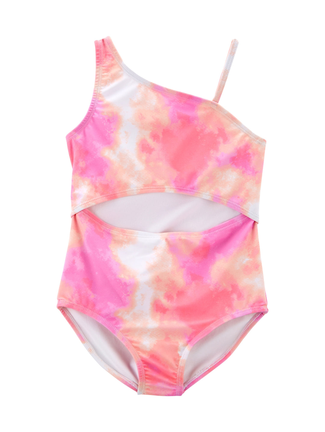 Parte superior de traje de baño para niña con diseño de un solo hombro y estampado multicolor en tonos rosa y naranja.