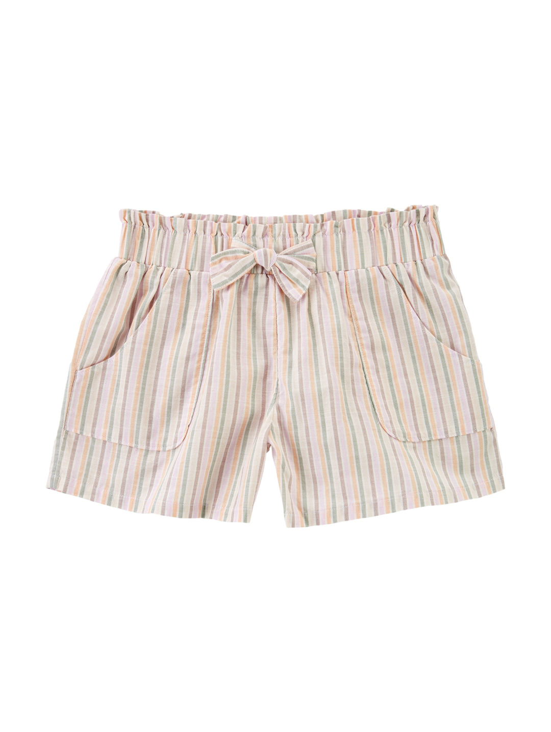 Shorts infantiles a rayas en tonos pastel con moño decorativo en la cintura y bolsillos laterales.