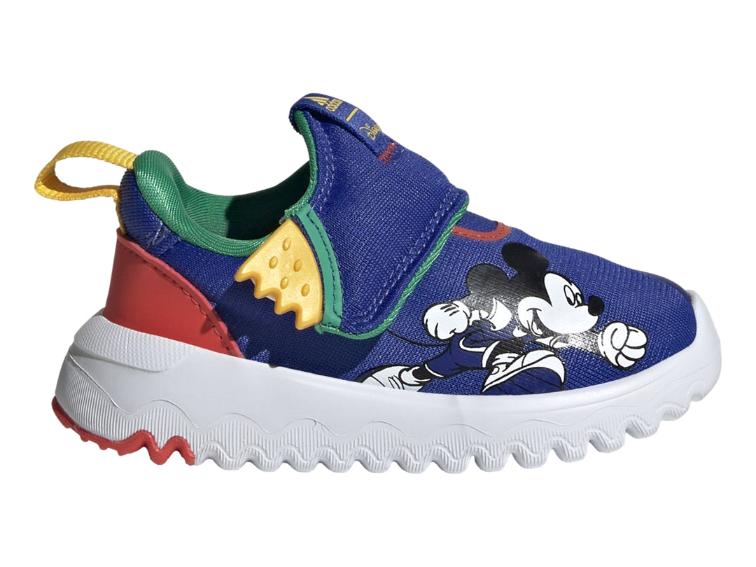 Tenis Adidas infantiles color azul con ilustración de Mickey Mouse y suela blanca ondulada.