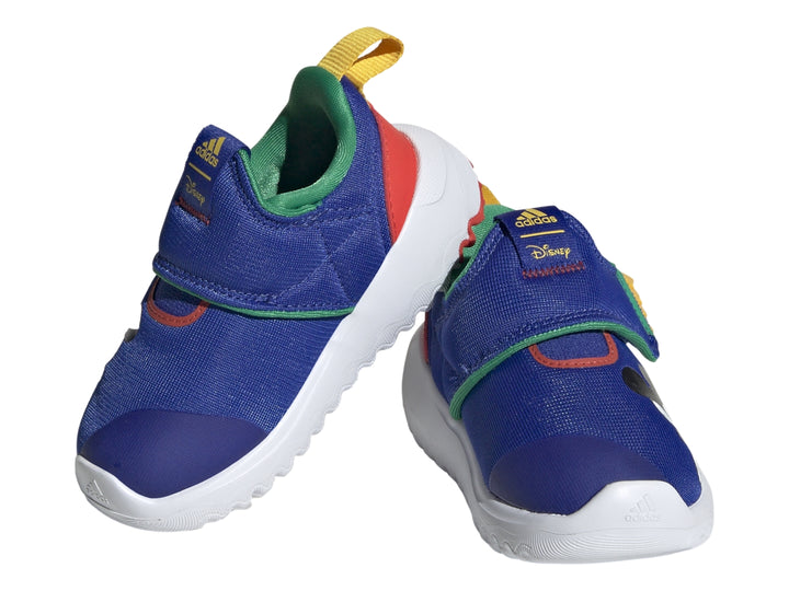 Tenis Adidas infantiles color azul con ilustración de Mickey Mouse y suela blanca ondulada.