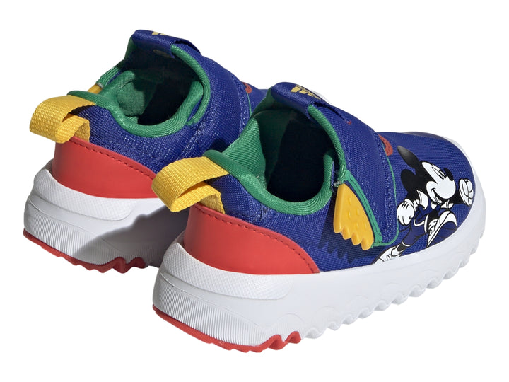 Tenis Adidas infantiles color azul con ilustración de Mickey Mouse y suela blanca ondulada.