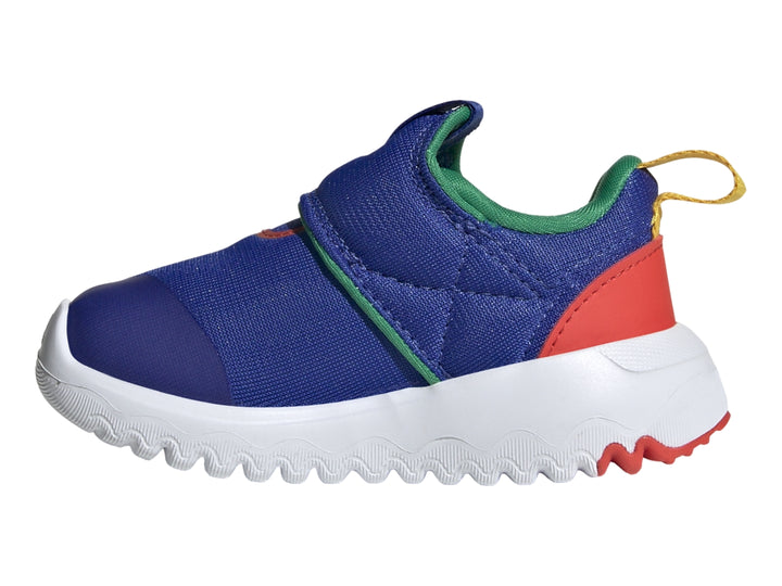 Tenis Adidas infantiles color azul con ilustración de Mickey Mouse y suela blanca ondulada.