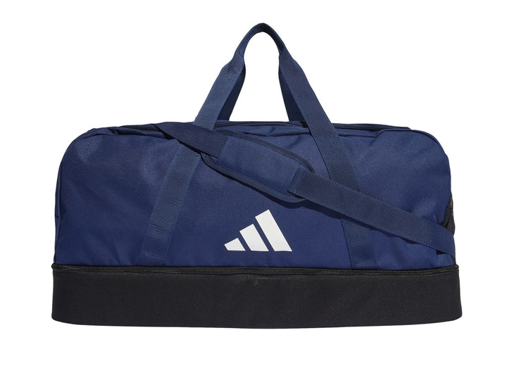 Bolsa deportiva Adidas en color azul con base negra y logotipo blanco frontal.