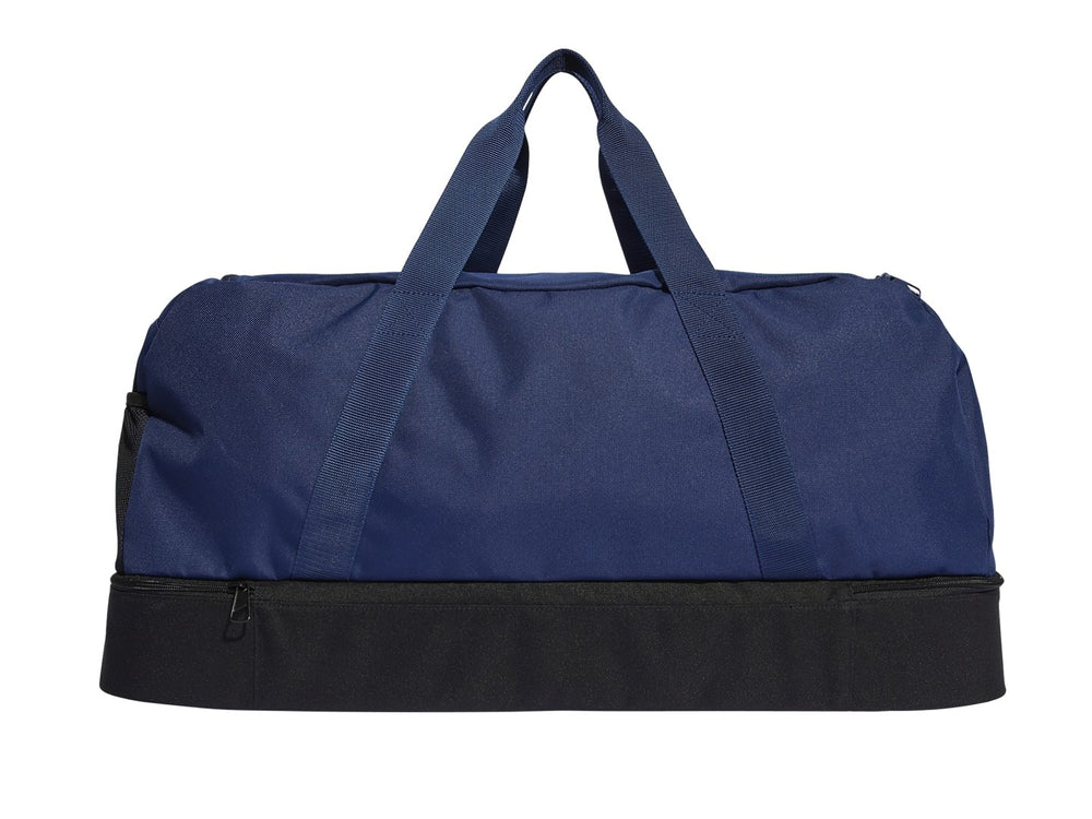 Bolsa deportiva Adidas en color azul con base negra y logotipo blanco frontal.