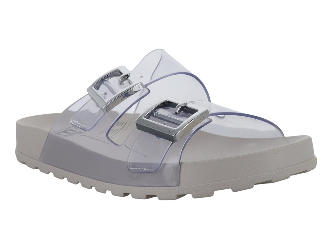 Sandalia Moleca blanca con correas transparentes y hebillas plateadas para mujer.