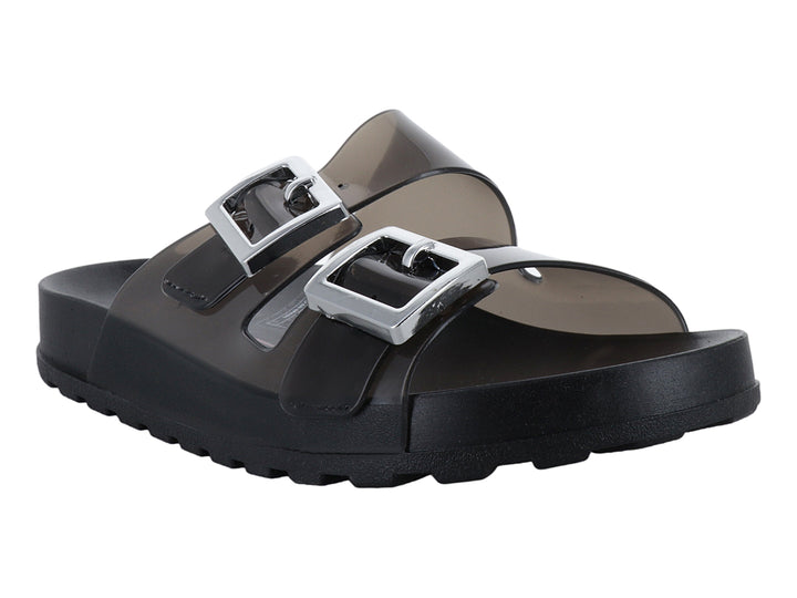 Sandalias negras de plataforma con tiras translúcidas y hebillas plateadas.