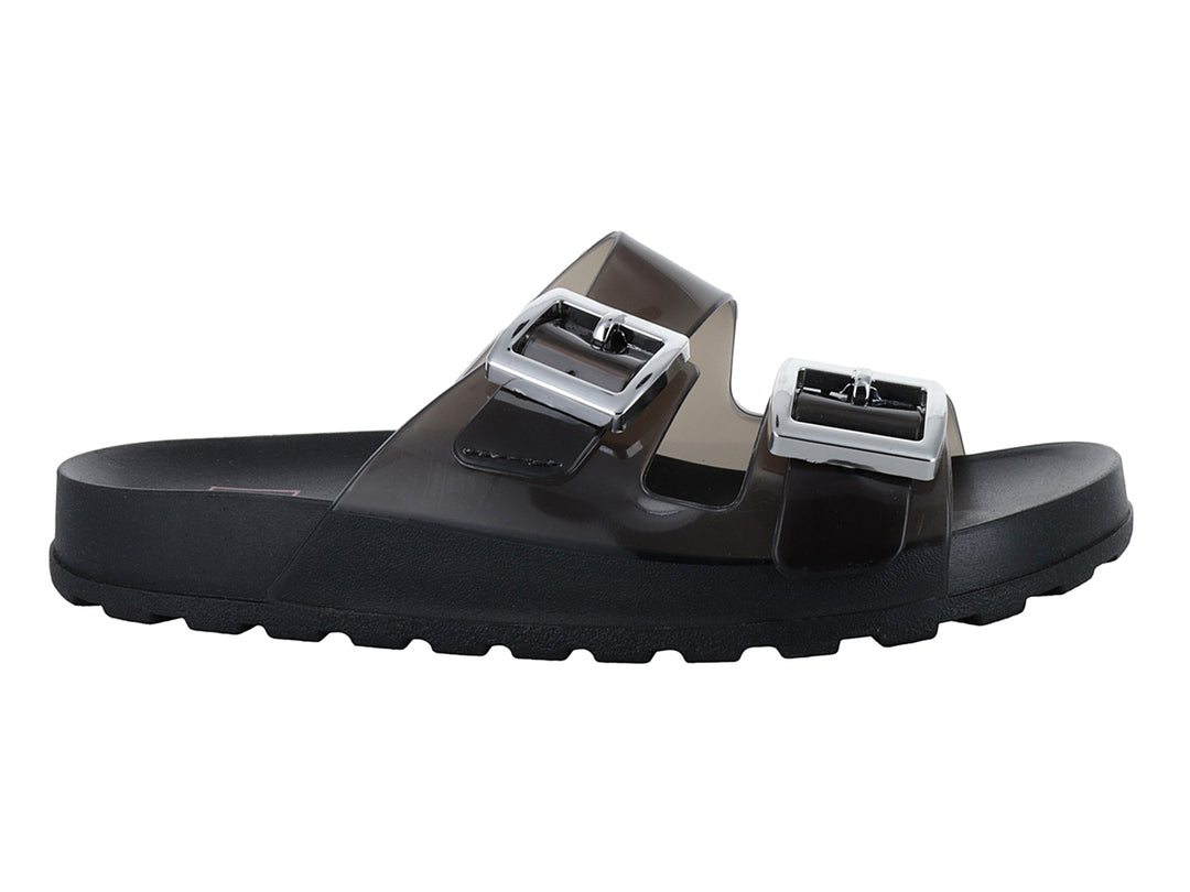 Sandalias negras de plataforma con tiras translúcidas y hebillas plateadas.