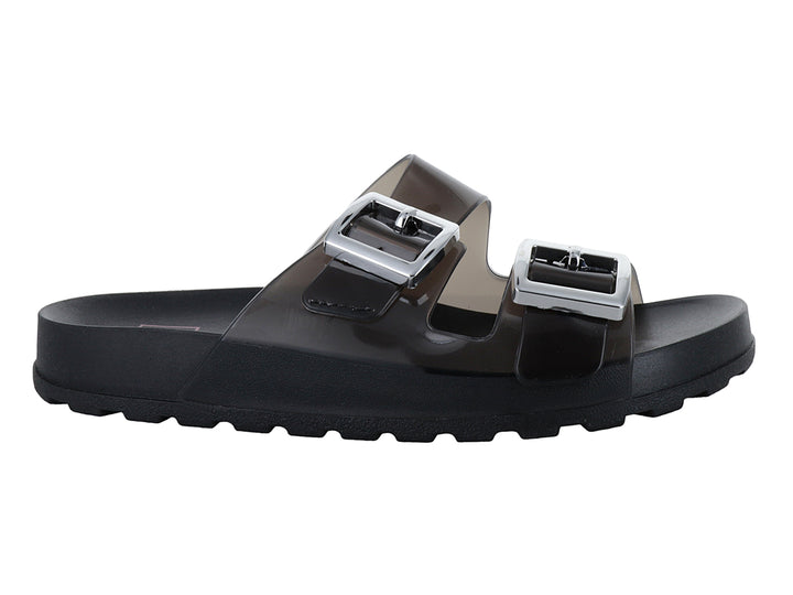 Sandalias negras de plataforma con tiras translúcidas y hebillas plateadas.