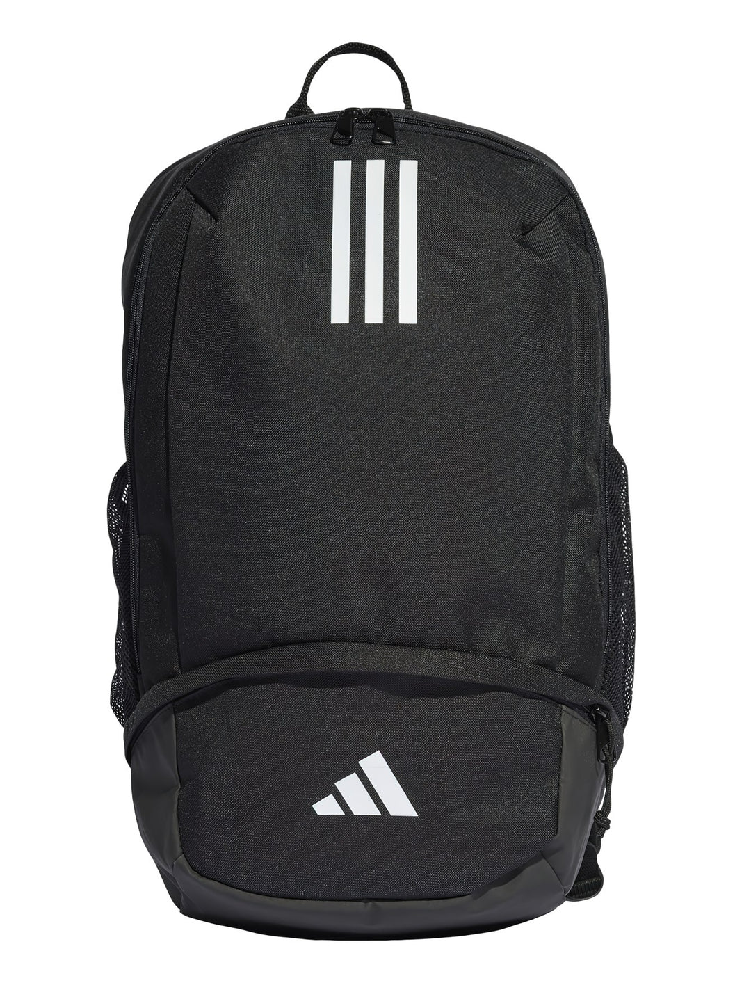 Mochila Adidas Tiro L de color negro con detalles en blanco y bolsillos laterales de malla.