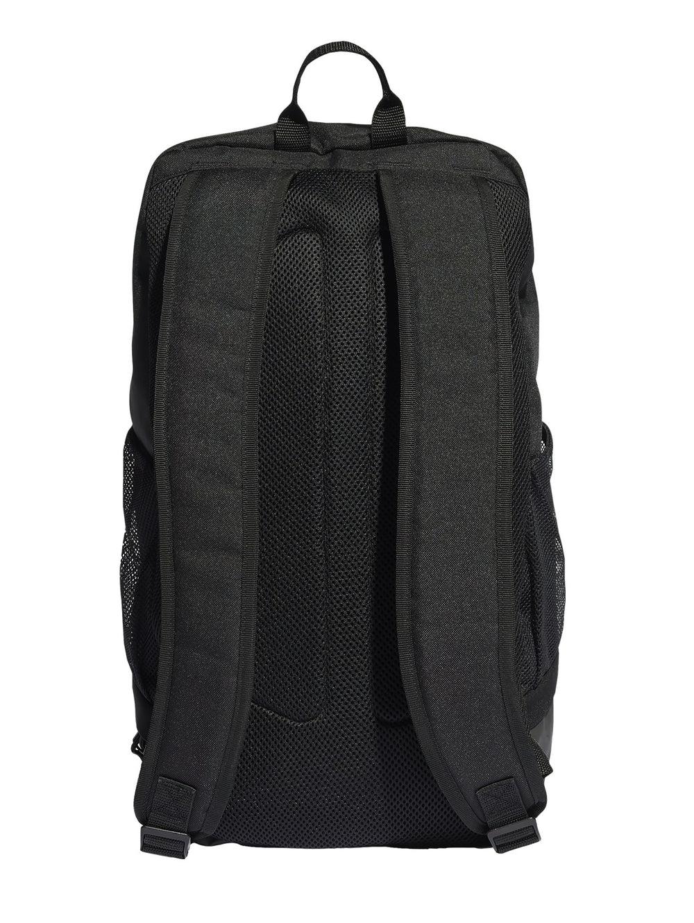 Mochila Adidas Tiro L de color negro con detalles en blanco y bolsillos laterales de malla.