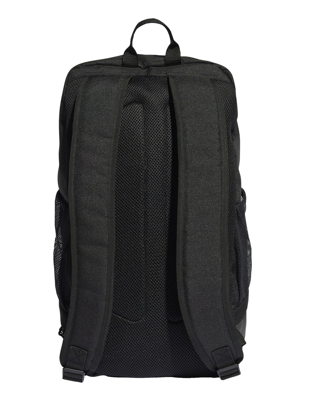Mochila Adidas Tiro L de color negro con detalles en blanco y bolsillos laterales de malla.