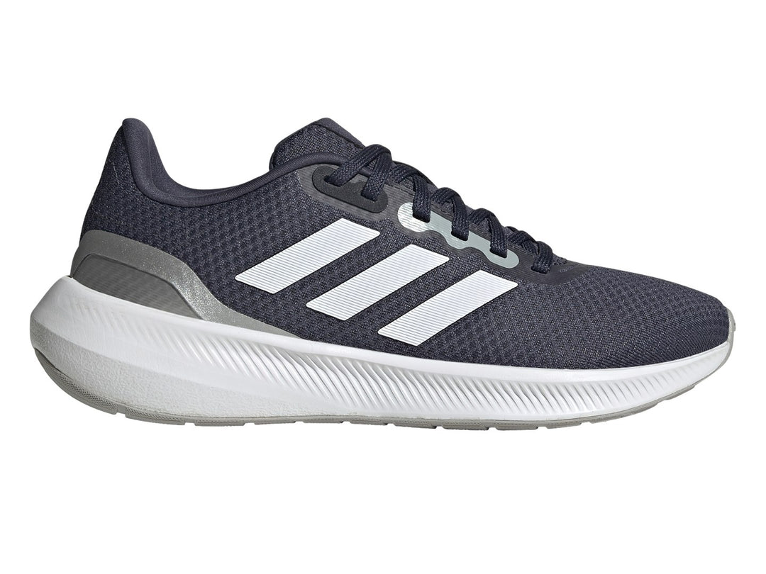 Tenis deportivos Adidas Runfalcon 3.0 en color azul marino con franjas blancas y suela blanca.