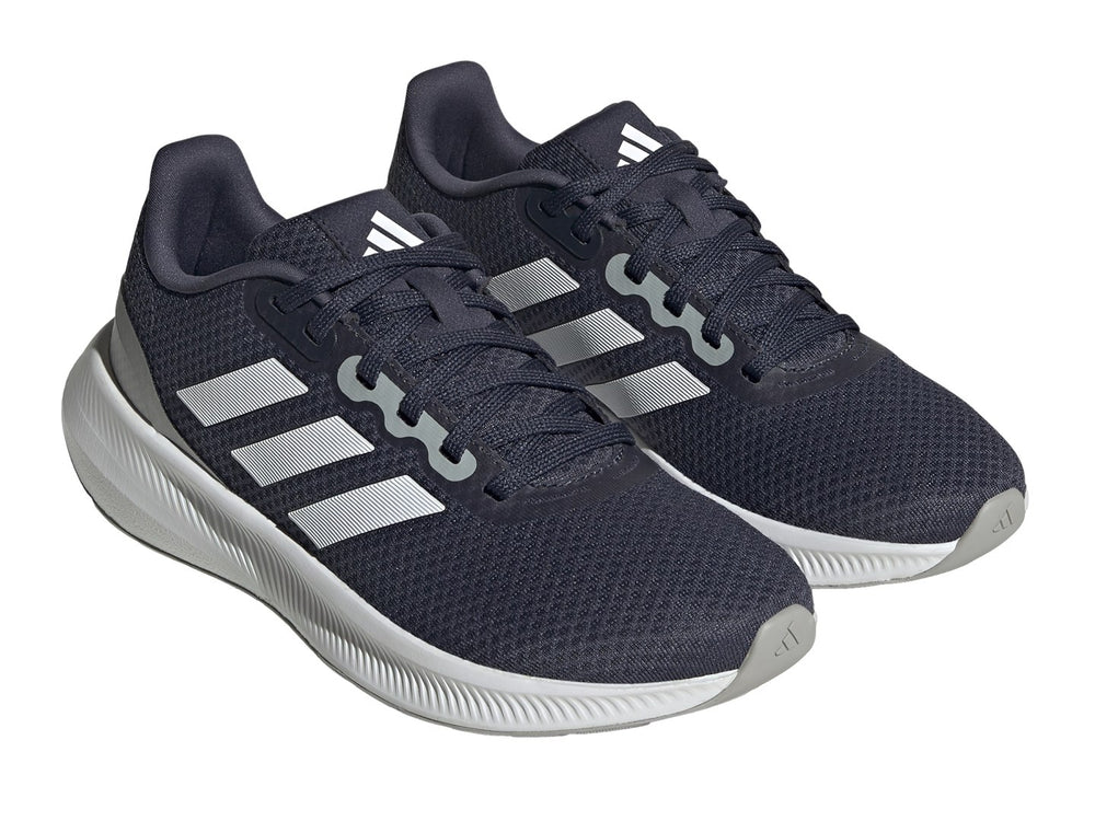 Tenis deportivos Adidas Runfalcon 3.0 en color azul marino con franjas blancas y suela blanca.