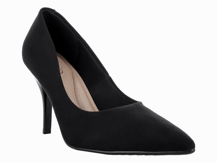 Zapato de tacón alto color negro con punta fina y acabado mate tipo gamuza.