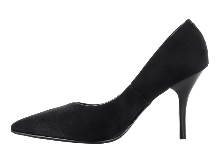 Zapato de tacón alto color negro con punta fina y acabado mate tipo gamuza.