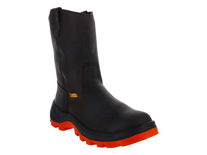 Bota de trabajo Work Power color negro con suela naranja robusta.