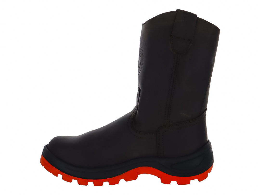 Bota de trabajo Work Power color negro con suela naranja robusta.